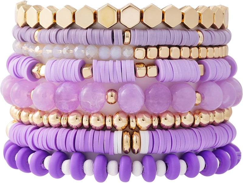 GOOJIDS Surfer Heishi Clay Bead Bracelets for Women Bohemian Stackable Gold Plated Beaded Stretch Bracelets Elastic Layering Friendship Bracelets Set Boho Jewelry - Image 1